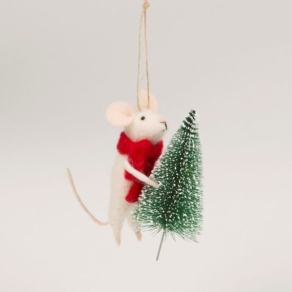 Mouse With Christmas Tree Decoration - Holiday Decor, Nordic Felt Gift Idea, Stocking Filler, Rustic Christmas, Hygge Decor, Seconds