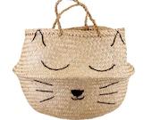 Sleeping Cat Seagrass Basket - Scandi Nordic Hygge Storage Ideas, New Home Decor, Housewarming Gift, Baby Shower Gift, Laundry, Cat Lover