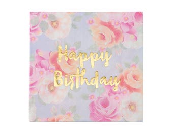 Gold Happy Birthday Floral Romantic Napkin 16 Pack- Blush Pink, Garden party, Birthday Decor, Birthday Prop, Afternoon Tea, Champagne Idea