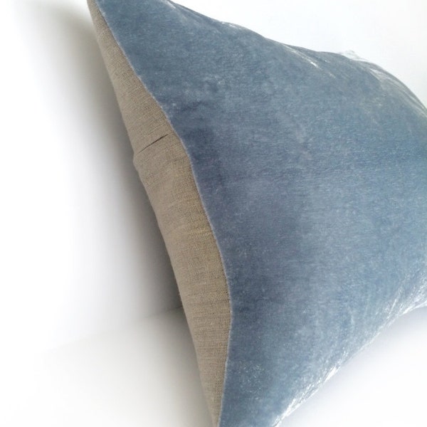 Light Blue Hand Dyed Silk Velvet Cushion with Natural Linen Back - Various sizes