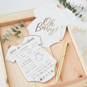 Cartes postales Conseils aux parents dorées - Lot de 10 - Oh Baby - Baby Shower | Nouvelle décoration de fête pour bébé | Fête de naissance | Jeux de société pour maman future