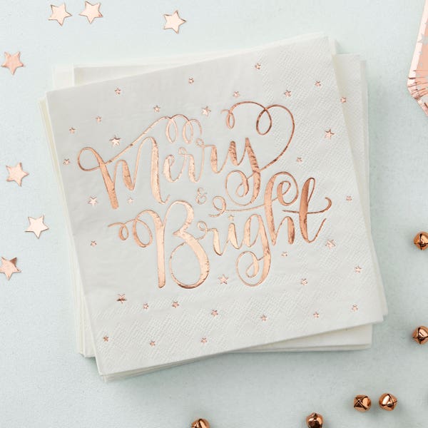 Rose Gold Foiled Merry And Bright Paper Napkins - 20 Pack - Metallic Star - Christmas Decor | Holiday Decor | Rose Gold Christmas | Table