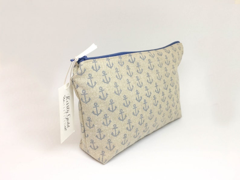 Hand Printed Linen Anchor Purse / Pouch Blue Silk Lining I'll be Your Anchor image 1