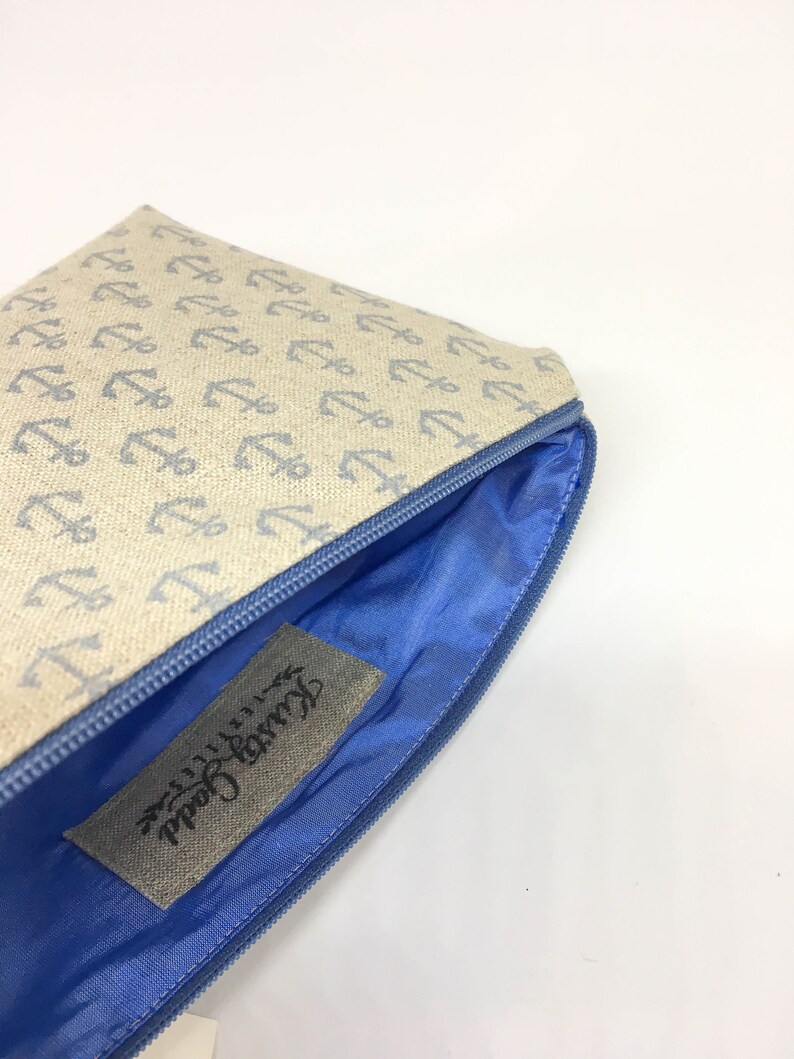 Hand Printed Linen Anchor Purse / Pouch Blue Silk Lining I'll be Your Anchor image 2