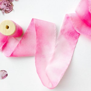 Hand dyed magenta ribbon - hand frayed edges - perfect for Wedding Bouquets, Gift Wrapping - Habotai Silk