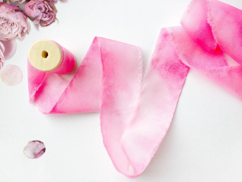 Hand dyed magenta ribbon - hand frayed edges - perfect for Wedding Bouquets, Gift Wrapping - Habotai Silk