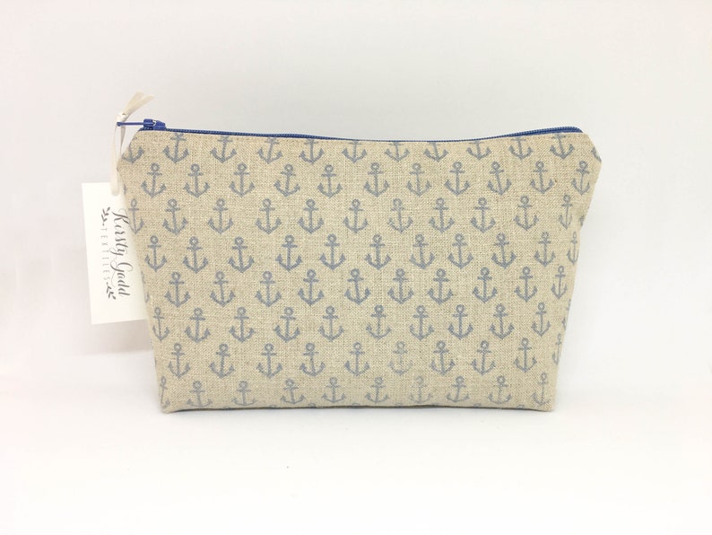 Hand Printed Linen Anchor Purse / Pouch Blue Silk Lining I'll be Your Anchor image 3