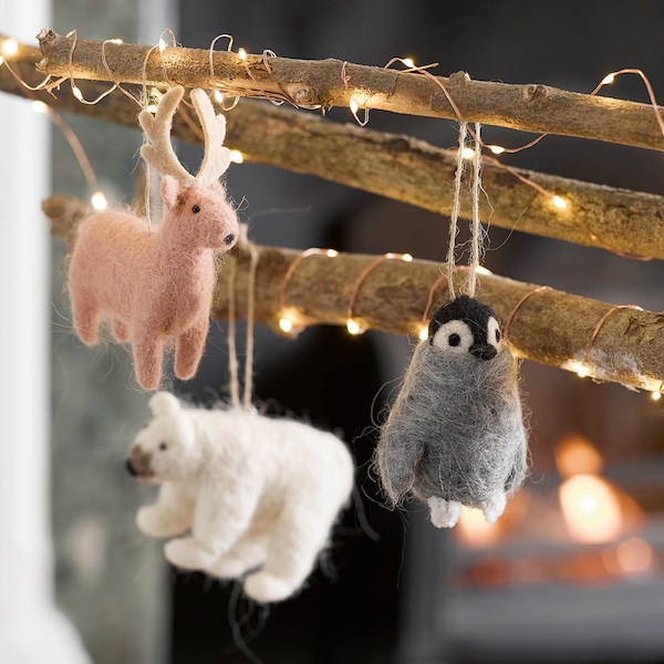 Noordse vilten kerstversieringen - vilten pinguïn, ijsbeer, vilten rendieren, kerstdecor, cadeau-idee, viltvoedselornament, kousvuller