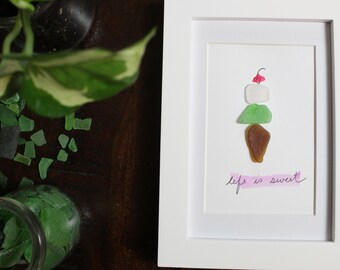 Ice Cream Beach Glass Art | Life Is Sweet Art |Embellished Framed Watercolor Print | 4"x6"