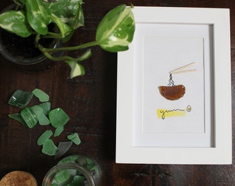 Ramen Beach Glass Art | Food Art |Embellished Framed Watercolor Print | 4"x6"