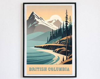 British Columbia Digital Art Deco Travel Poster Wall Art Vintage Travel Landscape Bright Colourful Natural Beauty