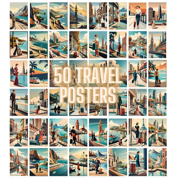 50Pcs Travel Poster | Retro Aesthetic | Vintage Travel Wall Art Print | Bright Colourful Natural Beauty | | Room Decor | Vintage Poster