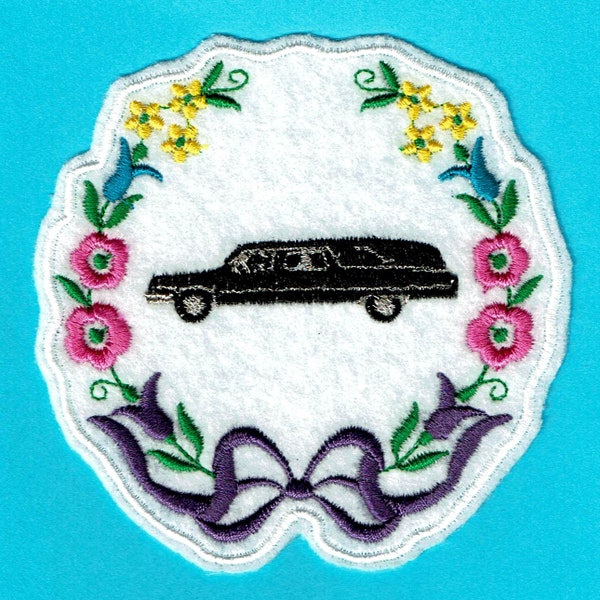 Floral Hearse Embroidered Iron-On Patch Flowers Funeral Director