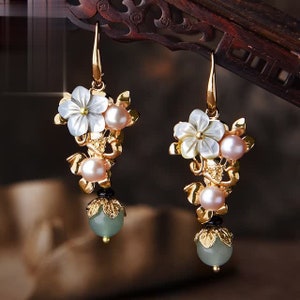 Jade Earrings with Pearls, 14k Gold-filled, Japanese Cherry Blossom, Natural Pearls and Seashell | Guaranteed to Arrive Before Christmas