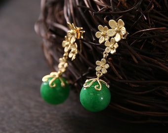 Vintage Jade Earrings with Floral Design, 14K Gold-filled, Handmade Oriental Design