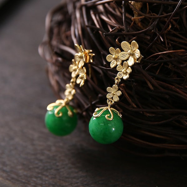 Vintage Jade Earrings with Floral Design, 14K Gold-filled, Handmade Oriental Design