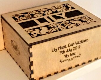 Personalised Wooden New Baby Keepsake Box – Woodland, Engraved Christening Memory Box