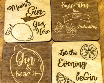 Set of 4 Wooden Personalised Gin Themed Coasters - Gin Quotes, 1 can be personalised with a name or mum/dad Mothers Day Birthday Gift