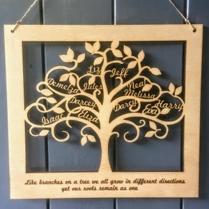 Gran árbol genealógico personalizado para pared, arte con nombres de familia grabados en madera, regalo para el día de la madre, regalo de cumpleaños, aniversario de bodas personalizado