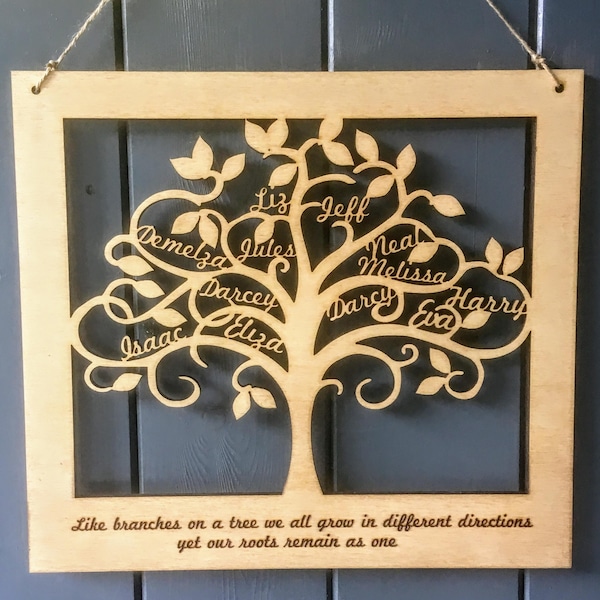 Große personalisierte Stammbaum Wand Kunst gravierte Familiennamen aus Holz Muttertagsgeschenk Personalisierte Hochzeit Jahrestag Geburtstagsgeschenk