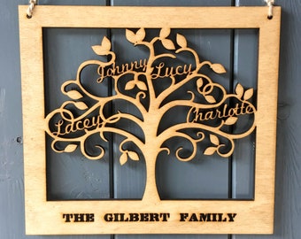 Personalised Wooden Family Tree Wall Art – Engraved Name Sign
