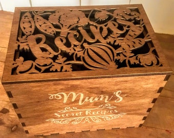 Caja de recetas de madera grabada: Recetas familiares secretas personalizadas