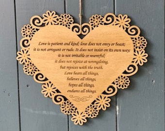 Love Endures Bible Verse Heart - Wooden 1 Corinthians 13:7 Love Quote Sign, Wedding Couples Gift