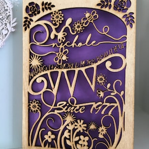 Personalised Wooden Birthday Card 60th, 50th, 40th, 30th Papercut floral design 1978 1988 personalized with name greeting cards anniversary