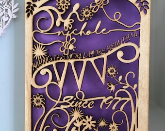 Personalised Wooden Birthday Card 60th, 50th, 40th, 30th: Floral Papercut Design