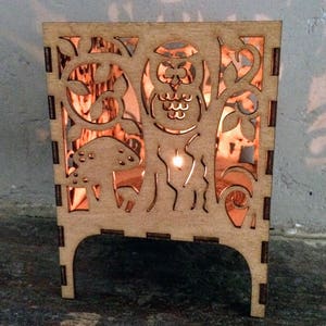 Wooden Lantern Tea Light Candle Holder Owl Woodland scene