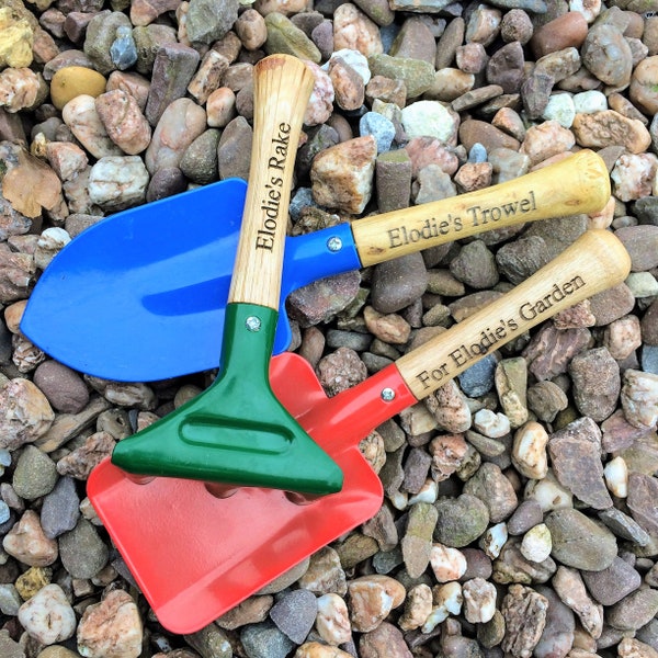 Personalised Wooden Handled Kid's Toy Gardening Tools Set - Personalise Child's Trowel, Spade and Rake with name Gift Keepsake