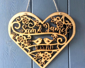 Wooden Personalised Wedding Heart Wall Art - Paper Cut style Personalized Names Date Wedding Gift Decoration