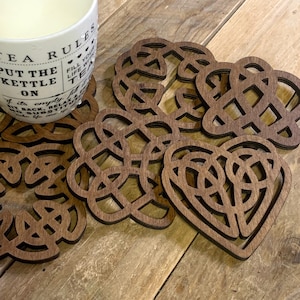 Set of 6 Wooden Celtic Knot Coasters made in cornwall - Wedding Valentines Father&#39;s Day Gift