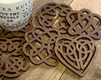 Set of 6 Wooden Celtic Knot Coasters made in cornwall - Wedding Valentines Father's Day Gift