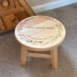 Personalised Child's Wooden Stool - Add a name and 1 line of text to the seat, Christening Gifts New Baby Woodland kids bedroom furniture