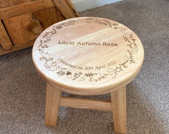 Personalised Child's Wooden Stool - Add a name and 1 line of text to the seat, Christening Gifts New Baby Woodland kids bedroom furniture