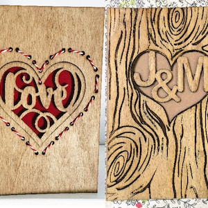 Tarjeta de San Valentín de madera, aniversario de boda - Decoración de amor cosida o árbol grabado con iniciales personalizadas