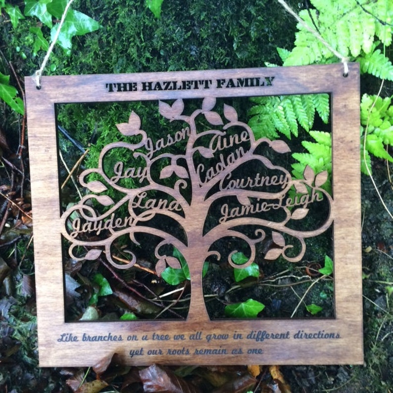 Large Personalised Family Tree Wall Art Engraved family names wooden Mother's Day gift Personalized Wedding Anniversary Birthday Present Dark