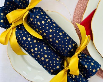 Blue and Gold Star Fabric Christmas Cracker, Reusable Table Decor