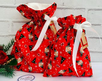 Fox Fabric Christmas Gift Bag, Reusable Drawstring Bag
