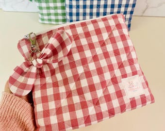 Pink Gingham Makeup Pouch, Quilted Cosmetic Case, Padded Zip Toiletry Organizer