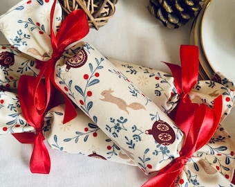 Reusable fabric crackers, Christmas Woodland theme fabric, Eco friendly Christmas cracker