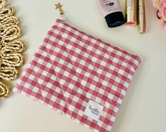 Handmade Pink Gingham Makeup Bag, Quilted Zipper Pouch