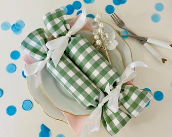 Gingham fabric reusable crackers, Party crackers, Pastel wedding favours