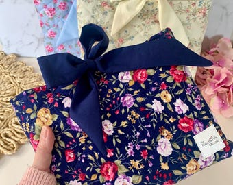 Handmade Quilted Book Cover: Navy Blue Floral Fabric with Bow