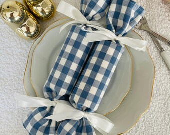 Blue gingham fabric reusable crackers, Party crackers, Pastel wedding favours