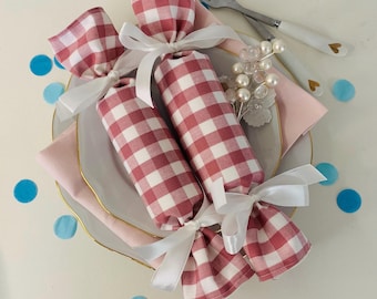 Gingham fabric reusable crackers, Party crackers, Pastel wedding favours