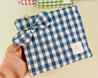 Blue Gingham Makeup Pouch, Quilted Cosmetic Case, Padded Zip Toiletry Organizer