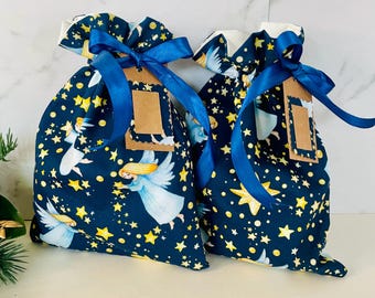 Angel Christmas gift bag -  fabric gift bag - eco friendly gift wrap - drawstring bag,