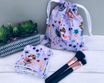 Reusable makeup wipes, Gift for girls, Fairy drawstring bag(8 pads)